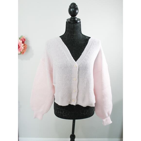 New Size Medium Pink Coquette Cardigan Balloon Sleeves Crochet Knit Cute Kawaii - Picture 1 of 3